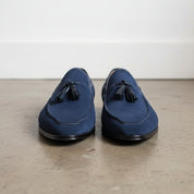 Handmade Mens blue suede moccasins, Men Navy blue suede tasseled shoes - front-view