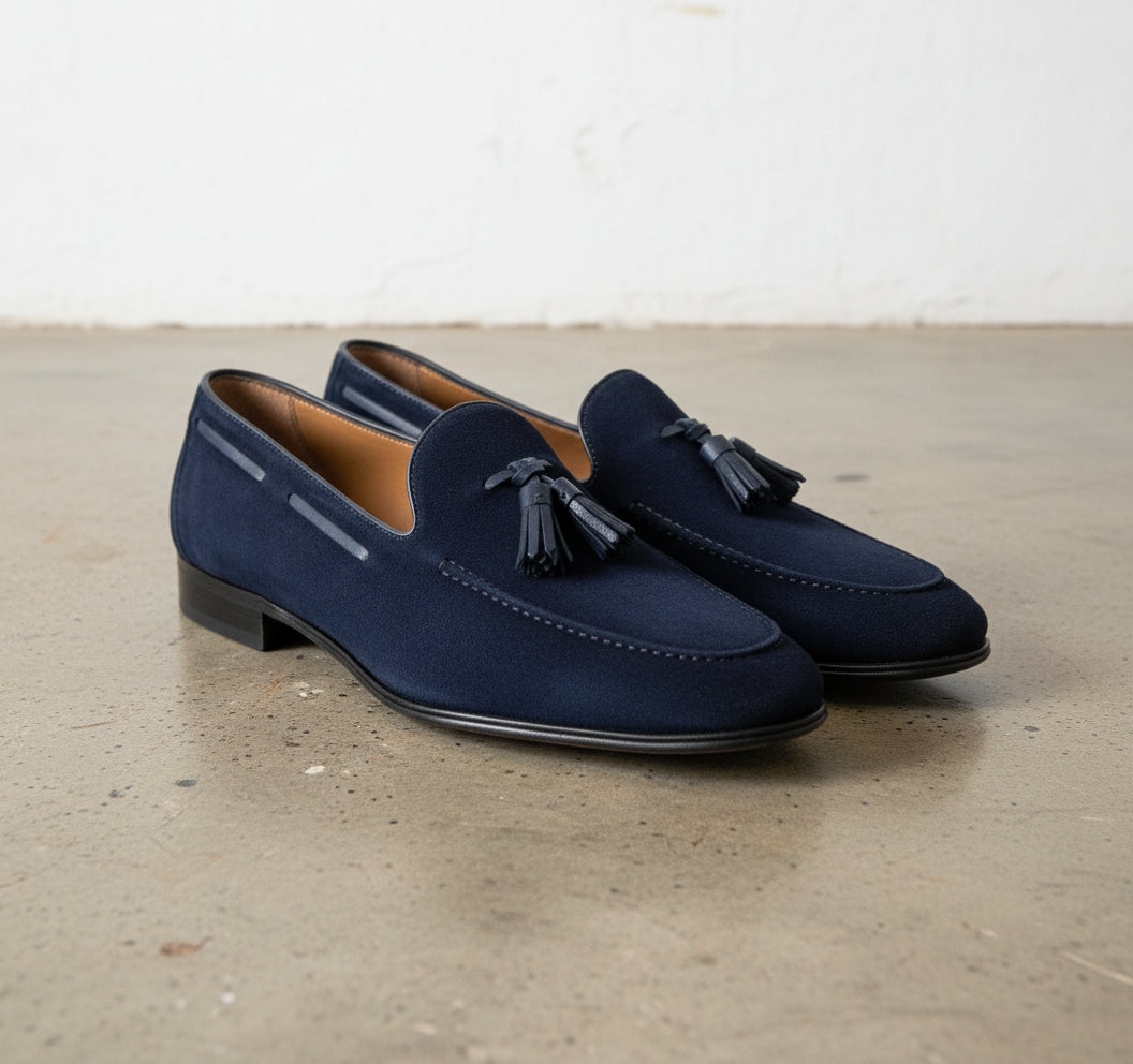 Handmade Mens blue suede moccasins shoes, Men blue suede Tassels loafer - 3-4-right-view