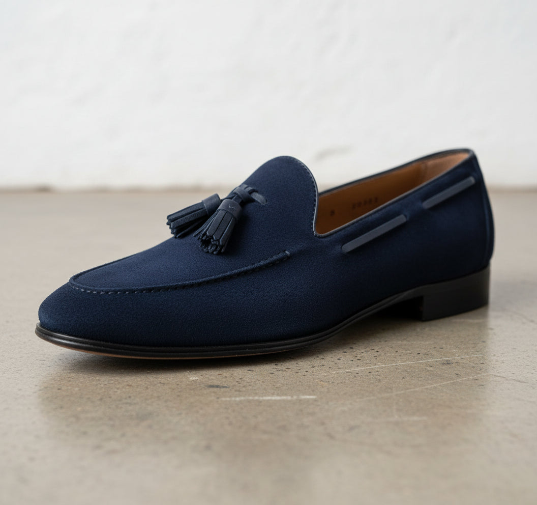 Handmade Mens blue suede moccasins shoes, Men blue suede Tassels loafer - detail-view-showing-texture