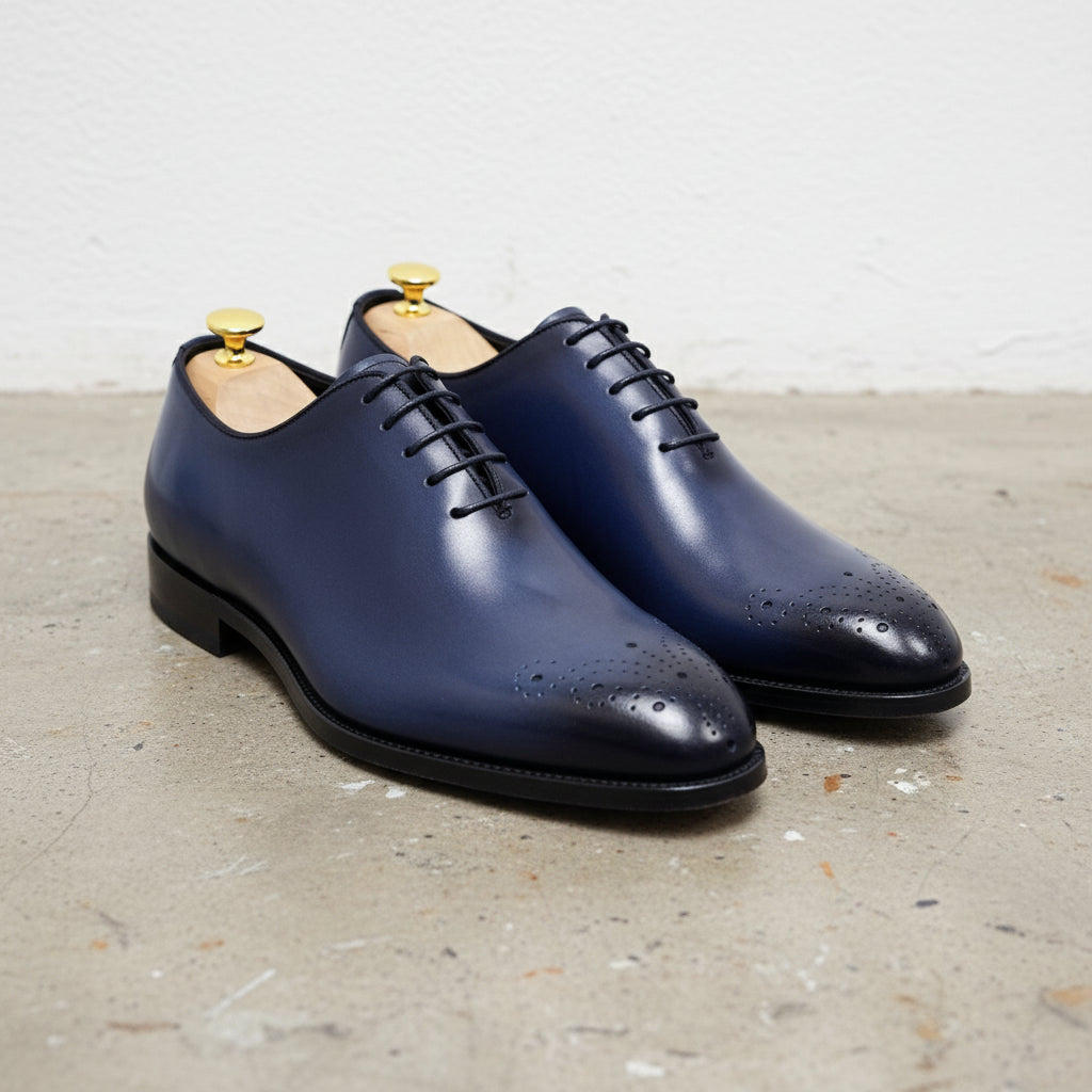 Handmade Mens Blue tuxedo shoes, Men leather Oxford shoes, Men brogue shoes - angle-view-showing-depth