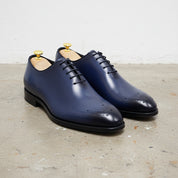 Handmade Mens Blue tuxedo shoes, Men leather Oxford shoes, Men brogue shoes - angle-view-showing-depth