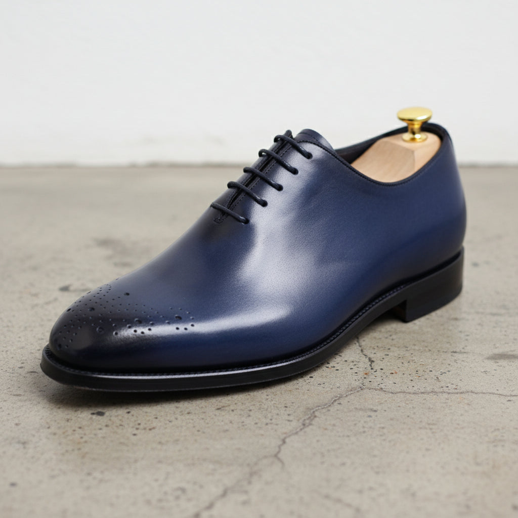Handmade Mens Blue tuxedo shoes, Men leather Oxford shoes, Men brogue shoes - detail-view-showing-texture