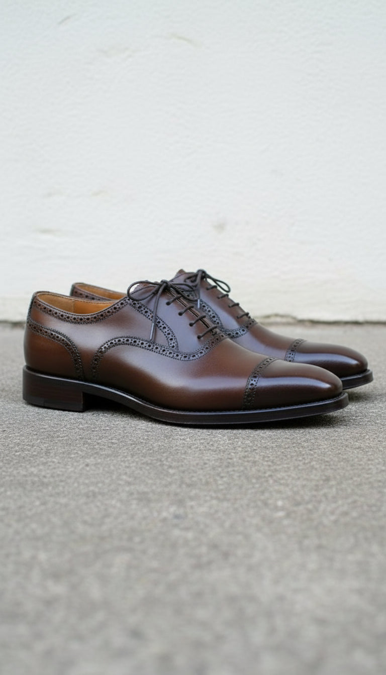 Handmade Mens brogue, lace up Dress shoes, Men brown leather office shoes - angle-view-showing-depth