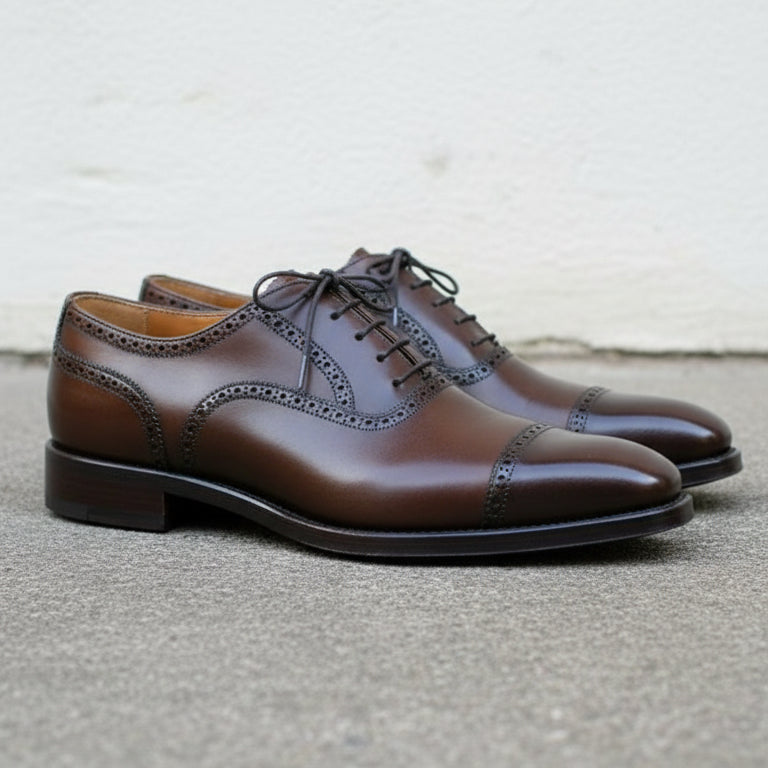Handmade Mens brogue, lace up Dress shoes, Men brown leather office shoes - angle-view-showing-depth