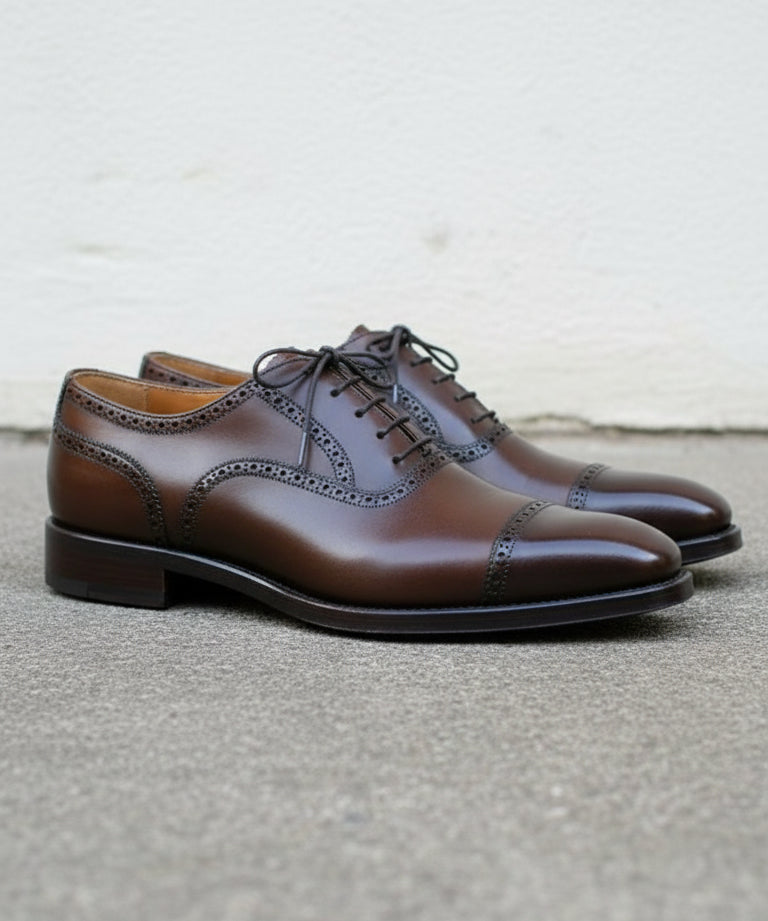 Handmade Mens brogue, lace up Dress shoes, Men brown leather office shoes - angle-view-showing-depth