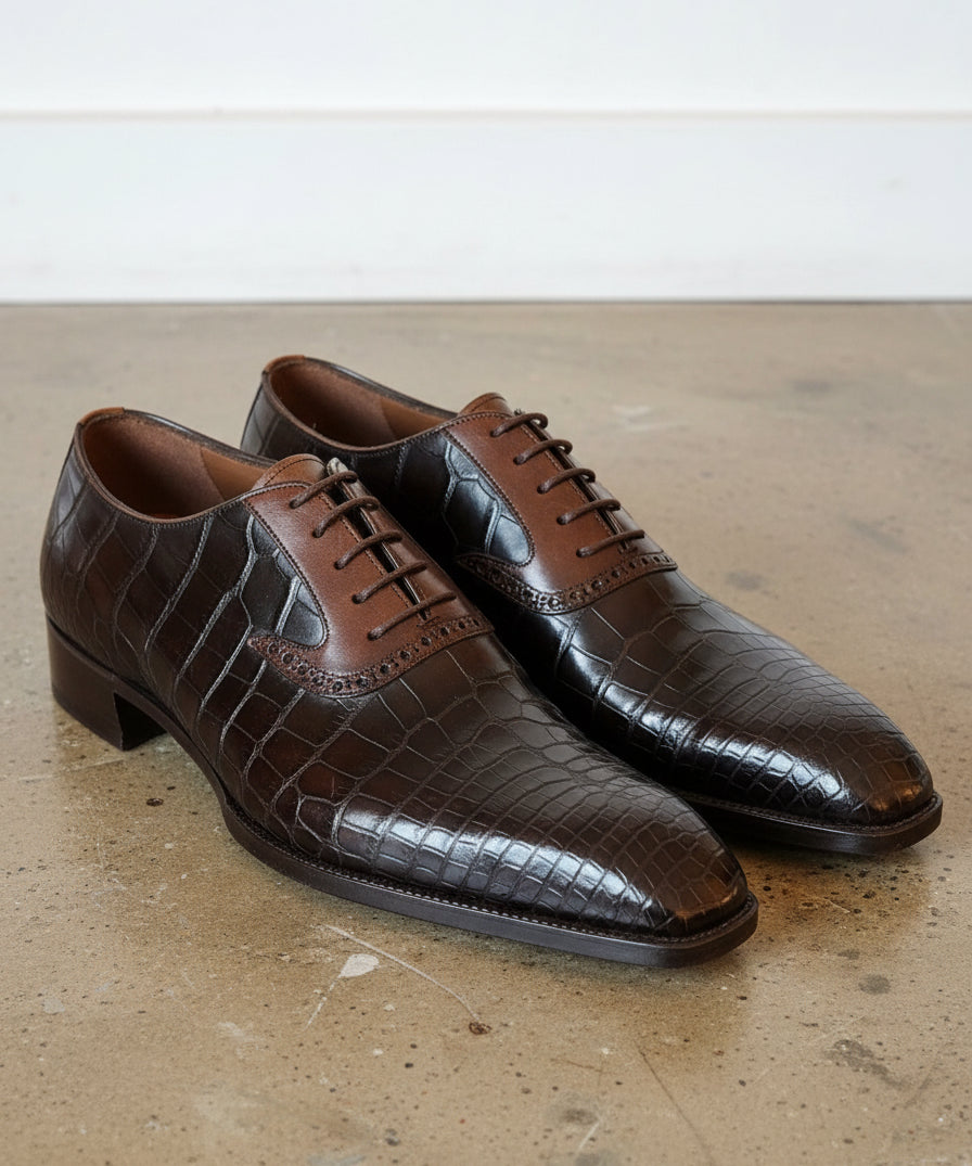 Handmade Mens brown alligators pattern shoes, Men lace up oxfords shoes - angle-view-showing-depth