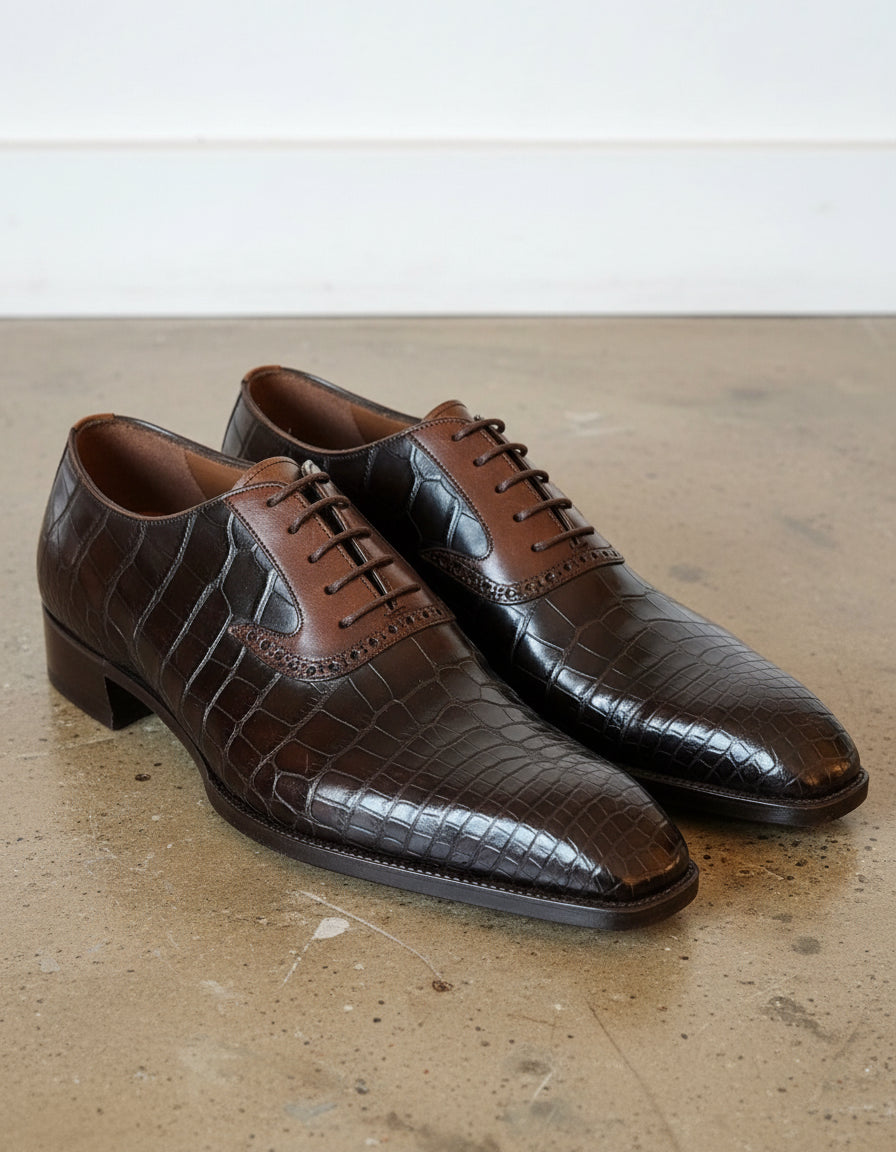 Handmade Mens brown alligators pattern shoes, Men lace up oxfords shoes - angle-view-showing-depth