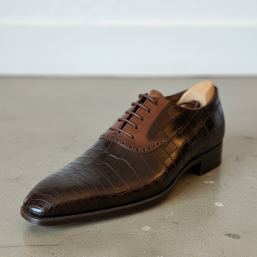 Handmade Mens brown alligators pattern shoes, Men lace up oxfords shoes - detail-view-showing-texture