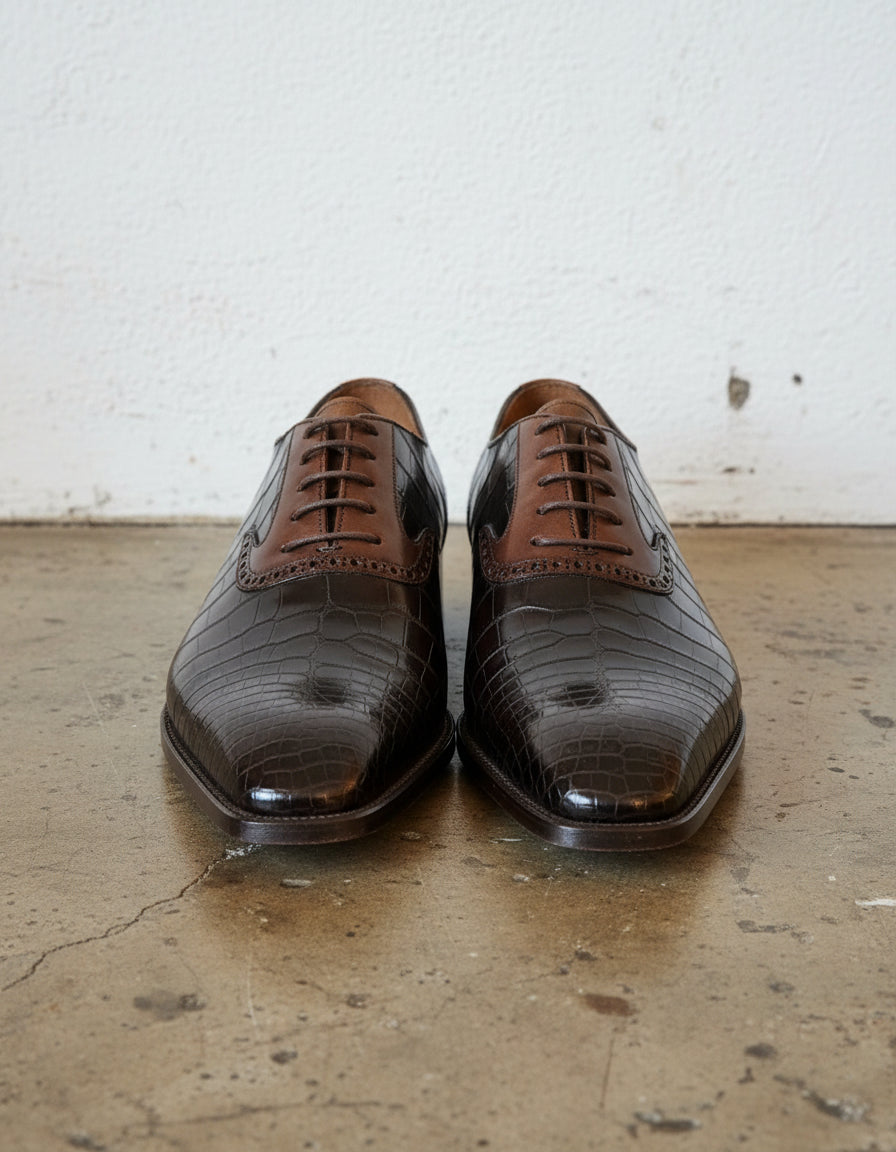 Handmade Mens brown alligators pattern shoes, Men lace up oxfords shoes - front-view