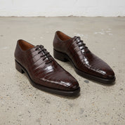 Handmade Mens Brown Alligators print dress shoes, Men brown formal shoes - angle-view-showing-depth