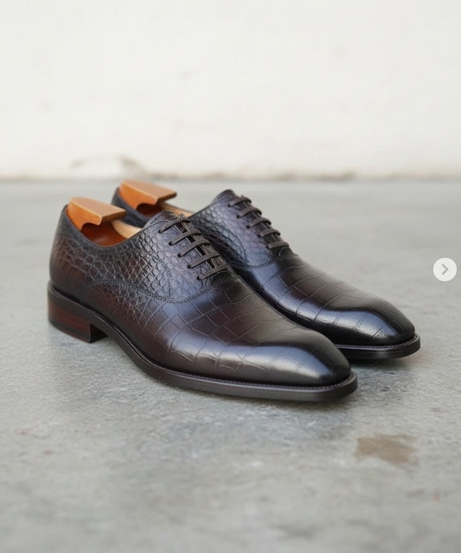 Handmade Mens brown alligators shoes, Men crocodile texture Oxford shoes - 3-4-right-view