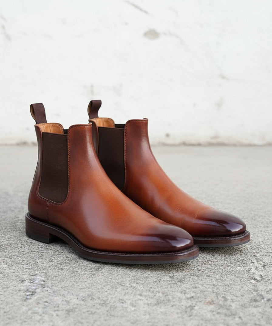Handmade Mens brown Burnish toe Leather Chelsea boots, Men leather boot - angle-view-showing-depth