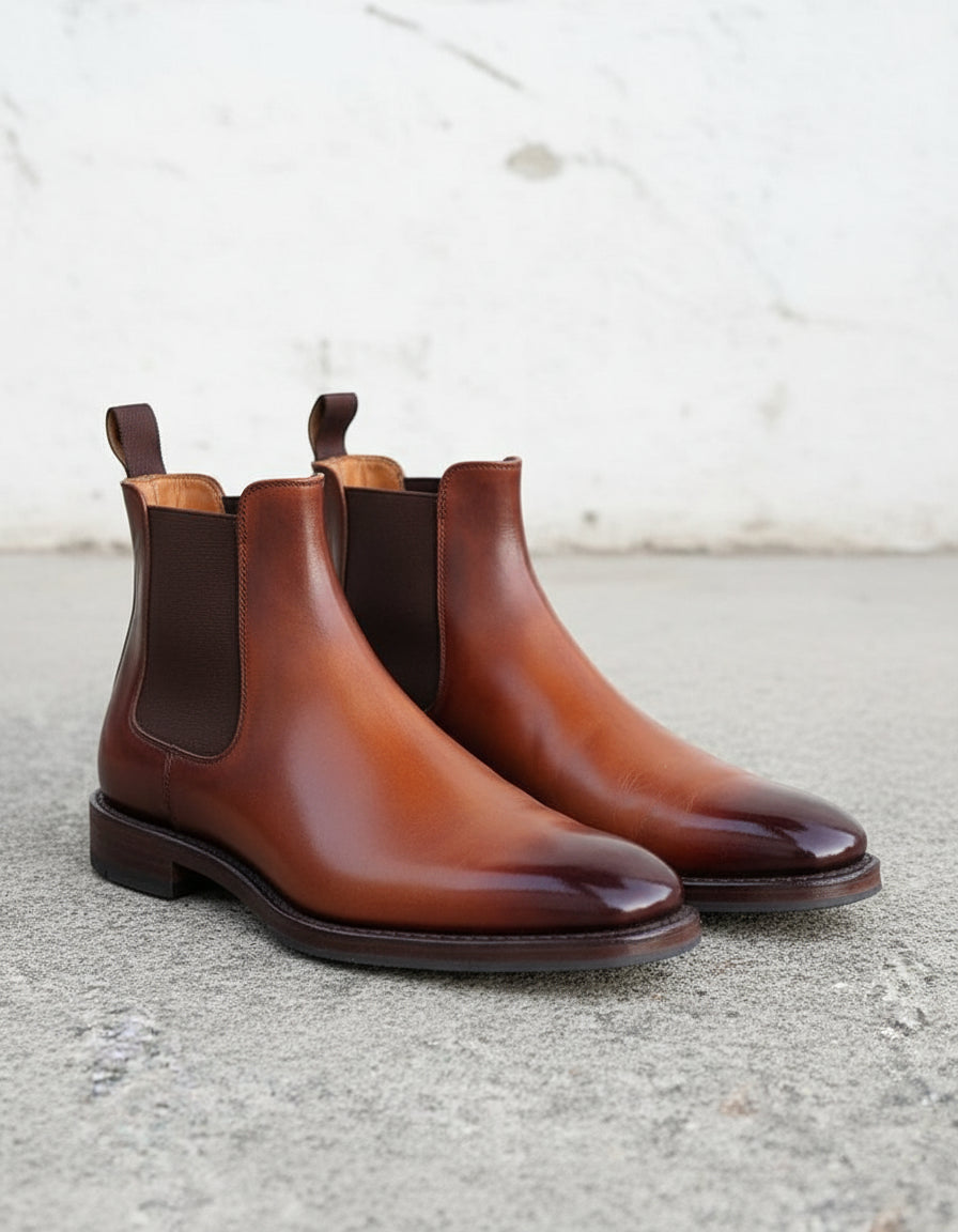 Handmade Mens brown Burnish toe Leather Chelsea boots, Men leather boot - angle-view-showing-depth