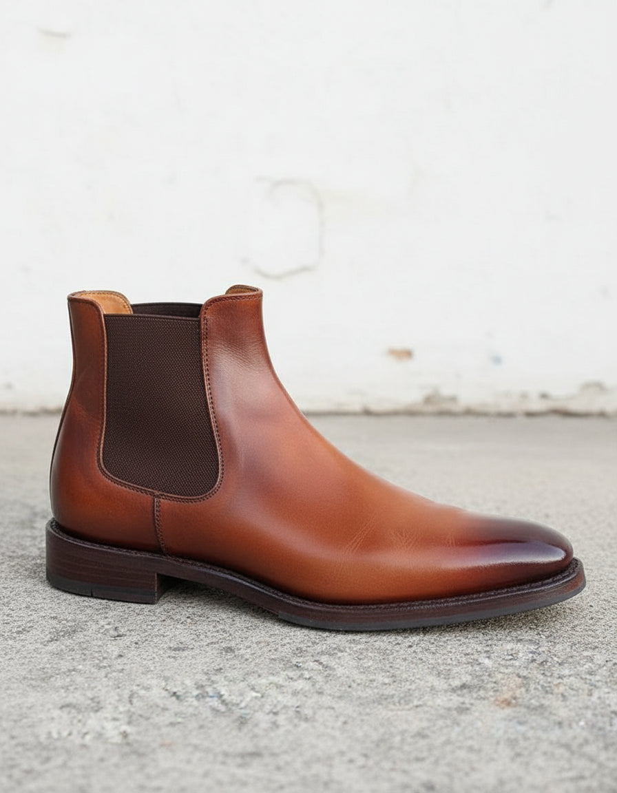 Handmade Mens brown Burnish toe Leather Chelsea boots, Men leather boot - detail-view-showing-texture