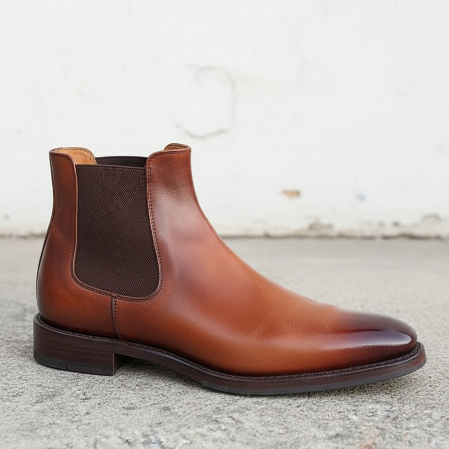 Handmade Mens brown Burnish toe Leather Chelsea boots, Men leather boot - detail-view-showing-texture
