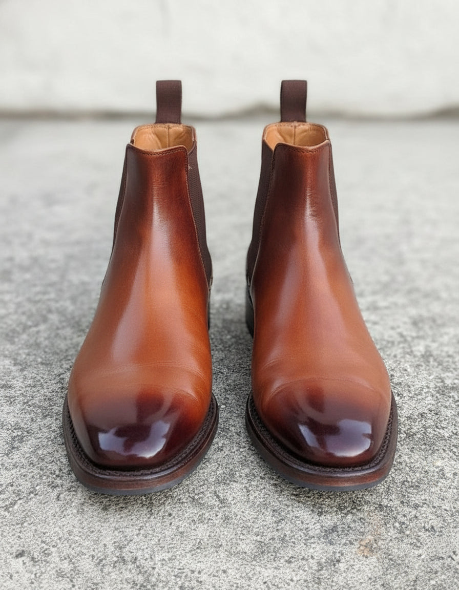 Handmade Mens brown Burnish toe Leather Chelsea boots, Men leather boot - front-view