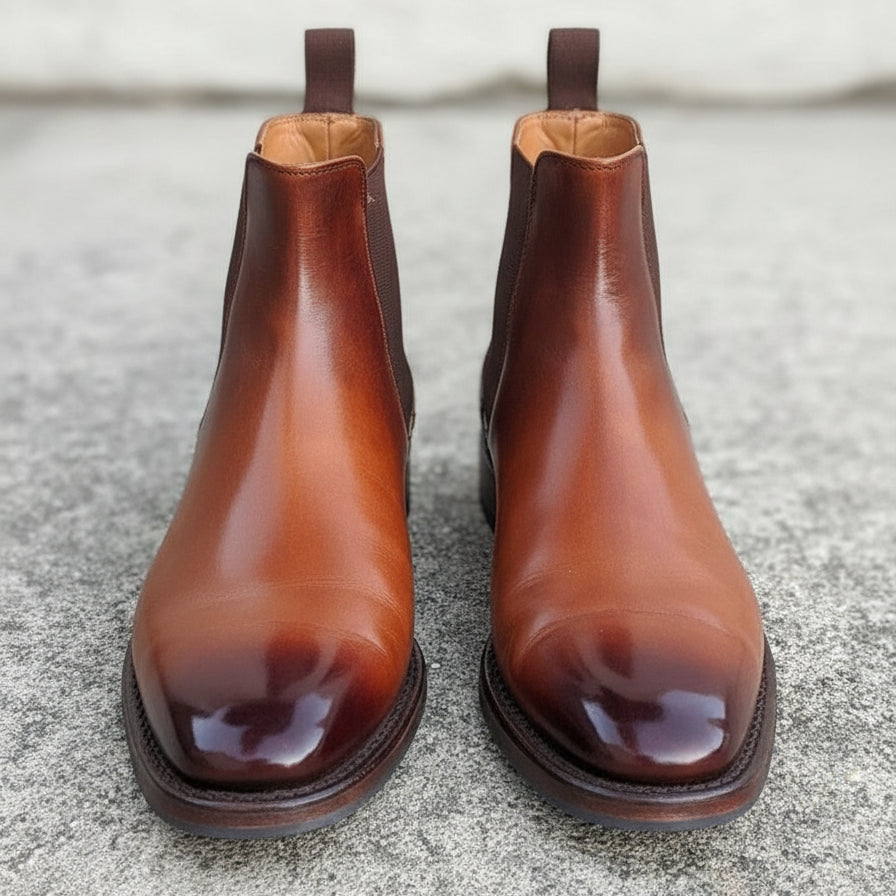 Handmade Mens brown Burnish toe Leather Chelsea boots, Men leather boot - front-view
