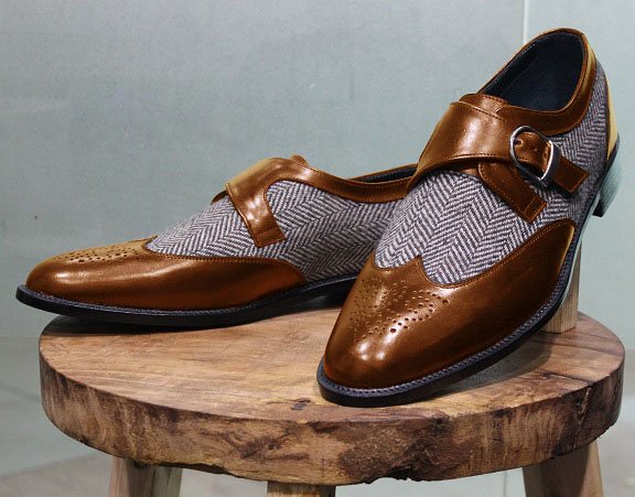 Handmade Mens Brown color wing tip monk shoes, Two tone dress shoes for men