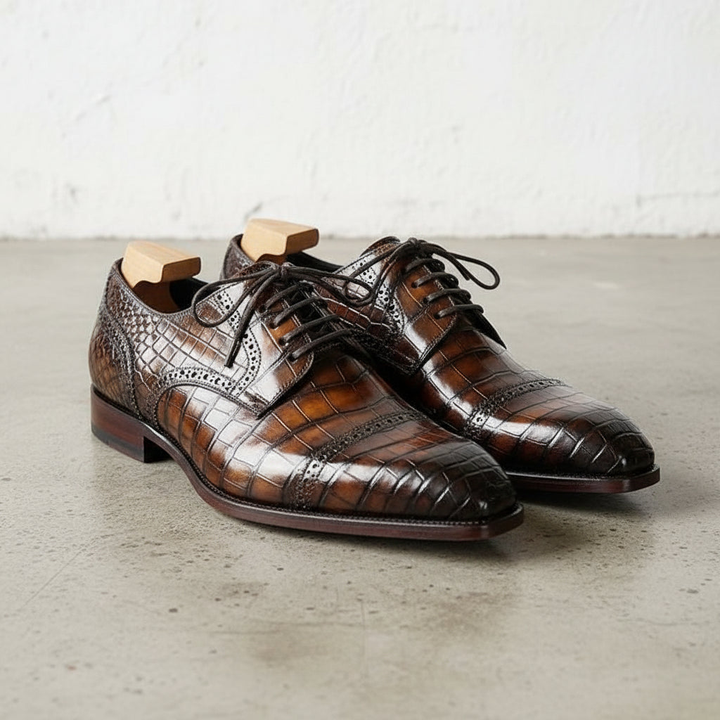 Handmade Mens brown crocodile dress shoes, Men brown square toe laceup shoe - angle-view-showing-depth