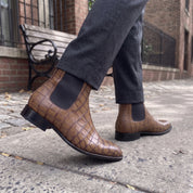Handmade Men's Brown Crocodile Embossed Chelsea Boots — Hixon