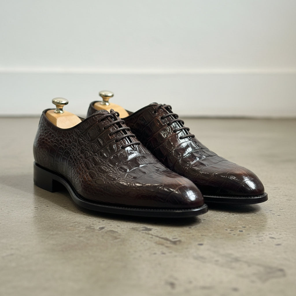 Handmade Mens brown crocodile pattern dress shoes, Men brown leather shoes - 3-4-right-view