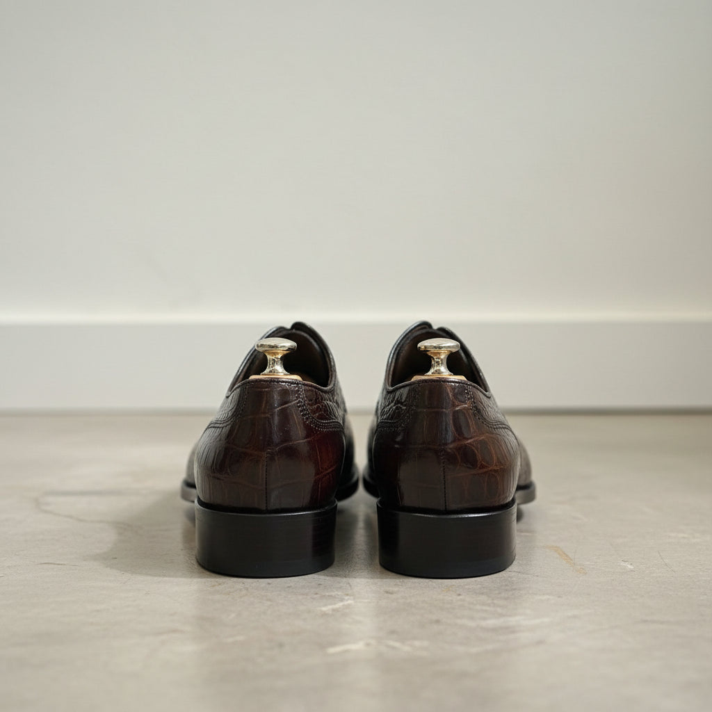 Handmade Mens brown crocodile pattern dress shoes, Men brown leather shoes - back-view