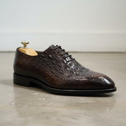 Handmade Mens brown crocodile pattern dress shoes, Men brown leather shoes - detail-view-showing-texture