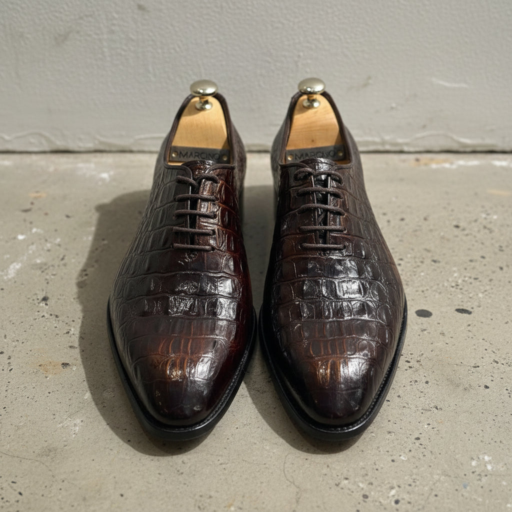 Handmade Mens brown crocodile pattern dress shoes, Men brown leather shoes - front-view