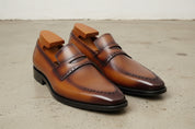 Handmade Mens Brown goodyear welted leather moccasins, Brown dress shoes for mens - angle-view-showing-depth
