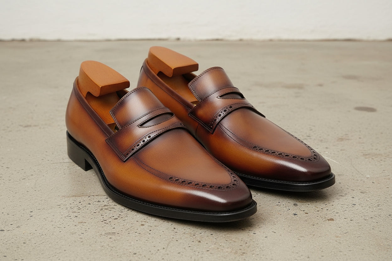 Handmade Mens Brown goodyear welted leather moccasins, Brown dress shoes for mens - angle-view-showing-depth