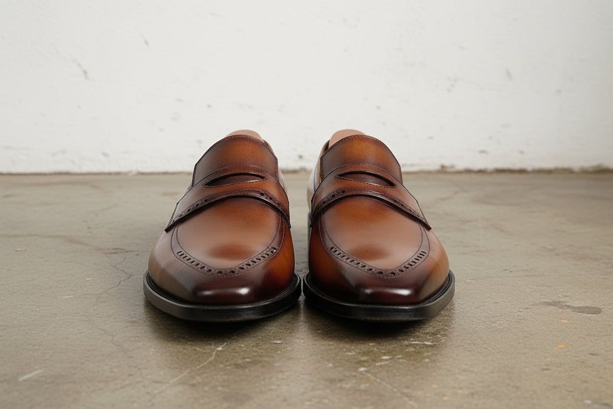 Handmade Mens Brown goodyear welted leather moccasins, Brown dress shoes for mens - front-view