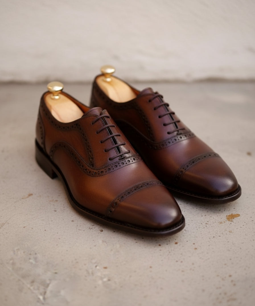 Handmade Mens brown lace up dress shoes, Men wingtip leather brogue shoes - angle-view-showing-depth