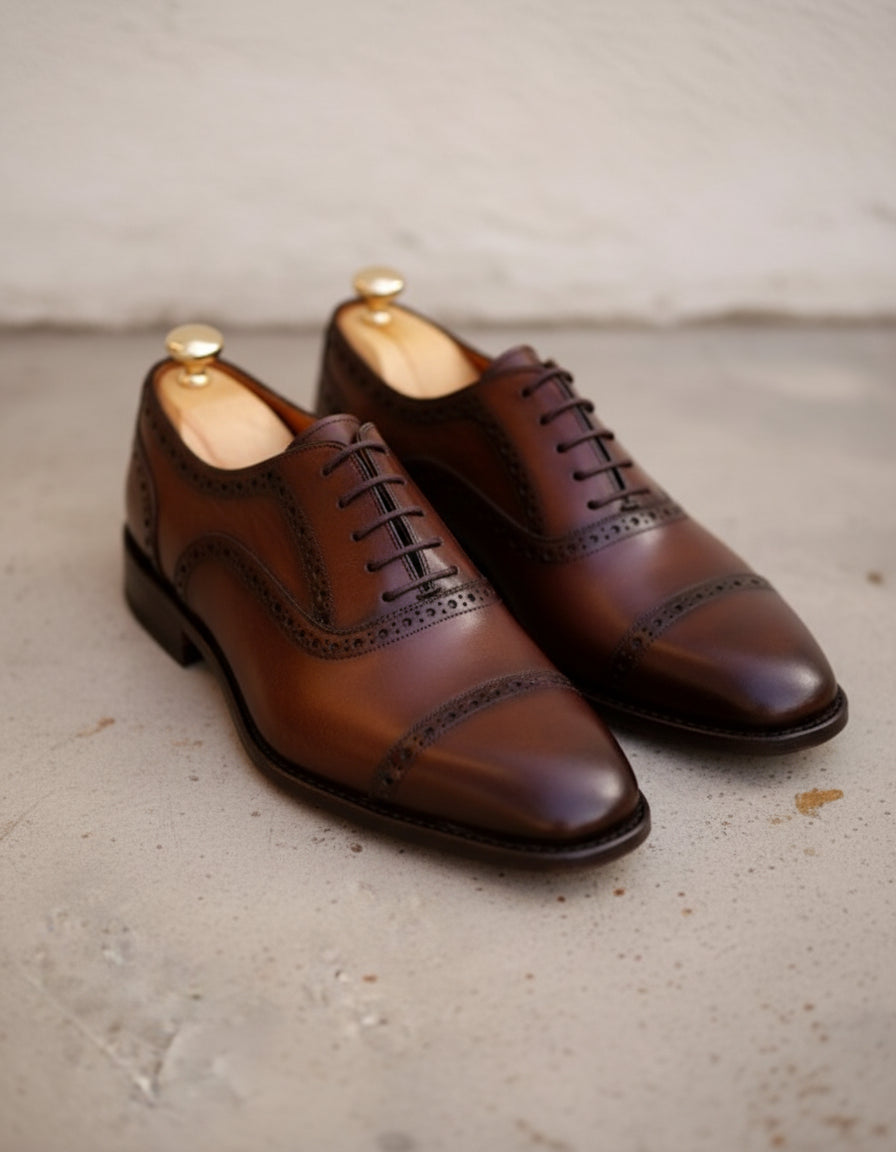 Handmade Mens brown lace up dress shoes, Men wingtip leather brogue shoes - angle-view-showing-depth