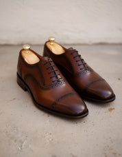 Handmade Mens brown lace up dress shoes, Men wingtip leather brogue shoes - angle-view-showing-depth