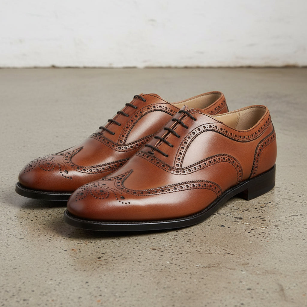 Handmade Mens brown lace up dress shoes, Men wingtip brogue shoes - angle-view-showing-depth