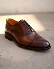 Handmade Mens brown lace up dress shoes, Men wingtip leather brogue shoes - detail-view-showing-texture