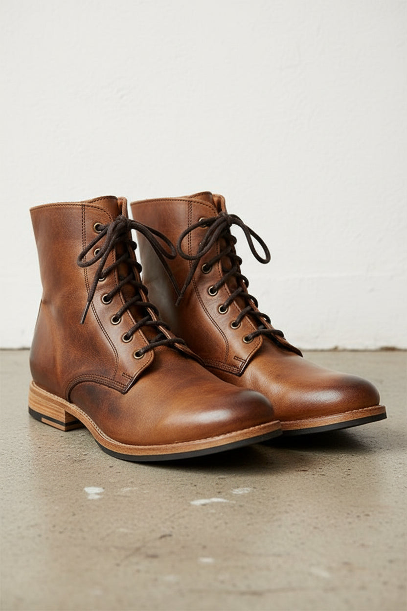 Handmade Mens Brown Lace up high ankle boots, Mens Biker boots, Mens boots - angle-view-showing-depth