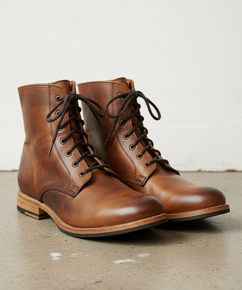 Handmade Mens Brown Lace up high ankle boots, Mens Biker boots, Mens boots - angle-view-showing-depth