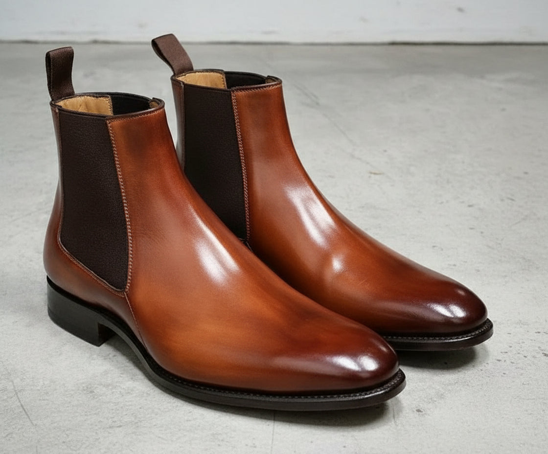 Handmade Mens brown leather chelsea boots, Men ankle boots, Men dress boot - angle-view-showing-depth
