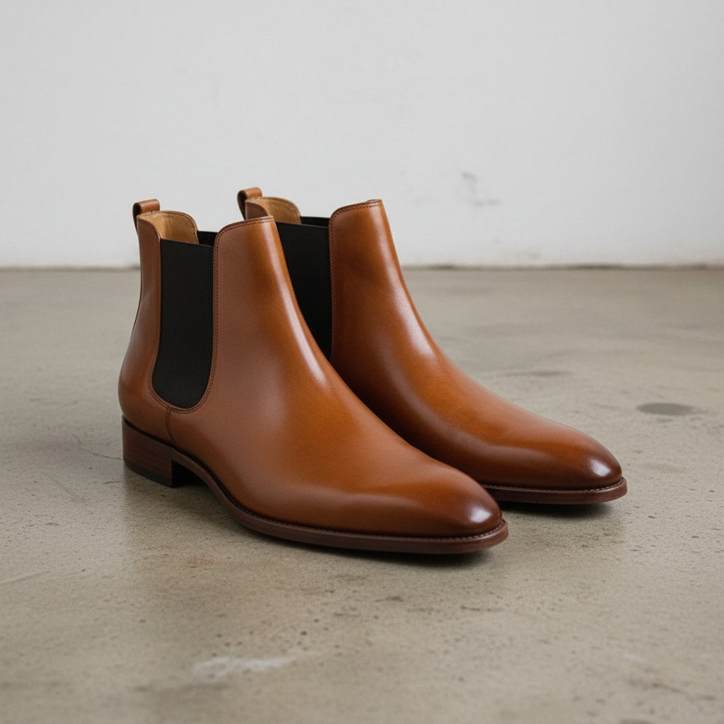 Handmade Mens brown leather chelsea boots, Men casual boot, Men dress boots - angle-view-showing-depth