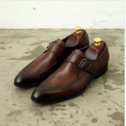 Handmade Mens Brown Leather Dress shoes, Brown leather formal shoes for men - angle-view-showing-depth