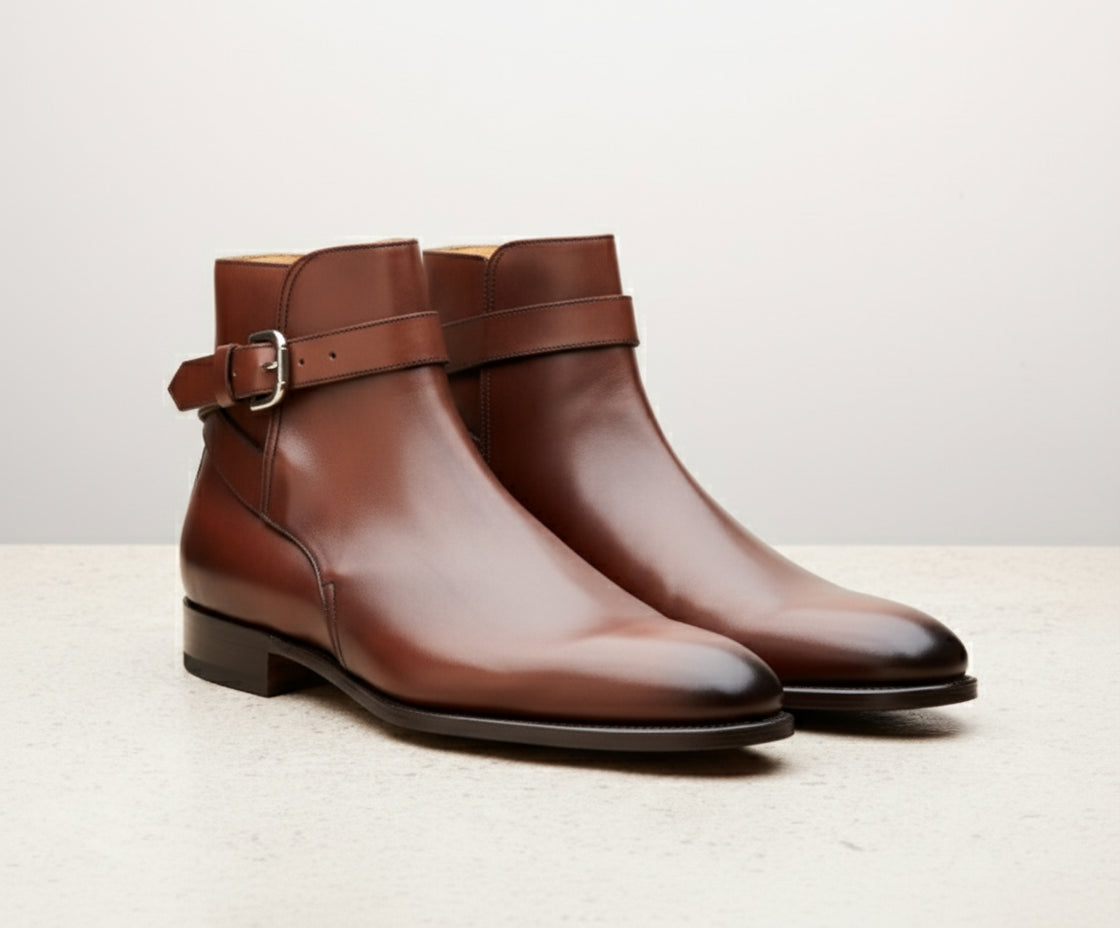 Handmade Mens Brown leather Jodhpurs boot Men monk strap leather ankle boot - angle-view-showing-depth
