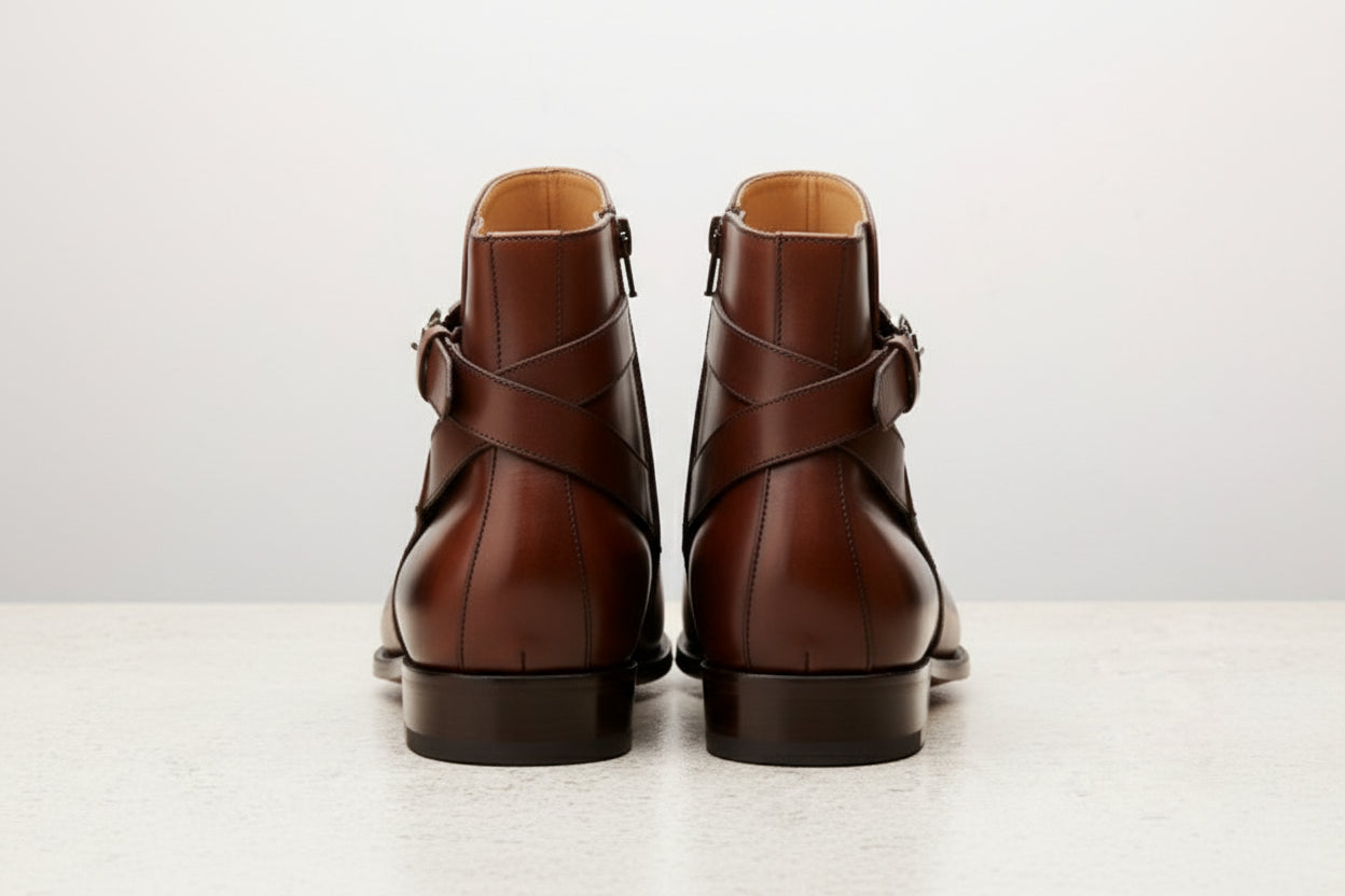 Handmade Mens Brown leather Jodhpurs boot Men monk strap leather ankle boot - back-view