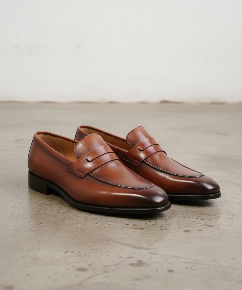 Handmade Mens brown leather moccasins loafer dress shoes - 3-4-right-view