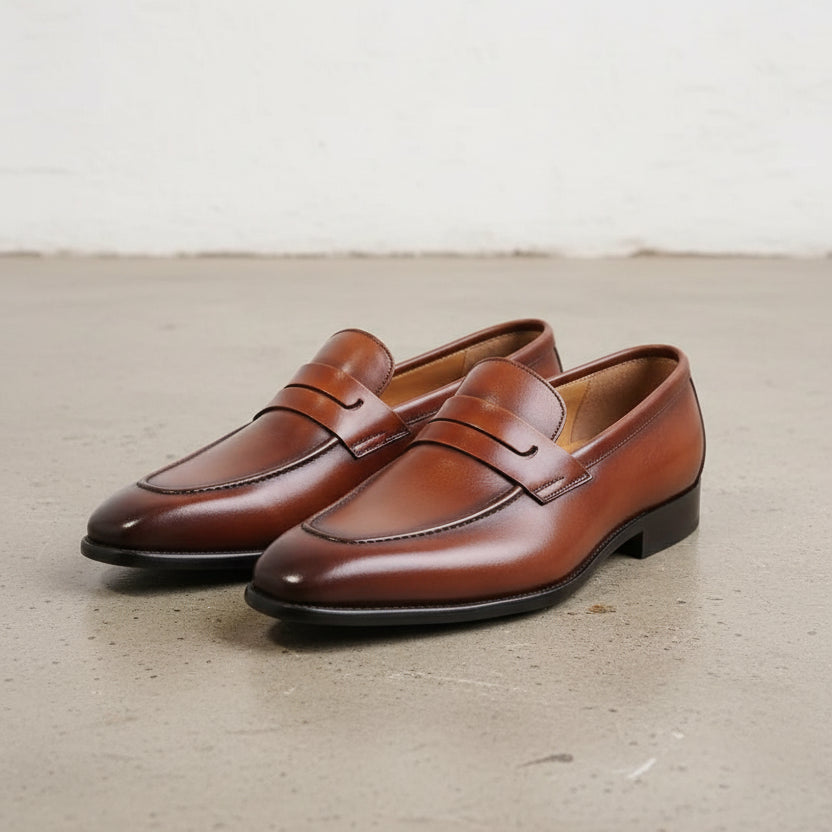 Handmade Mens brown leather moccasins loafer dress shoes - angle-view-showing-depth