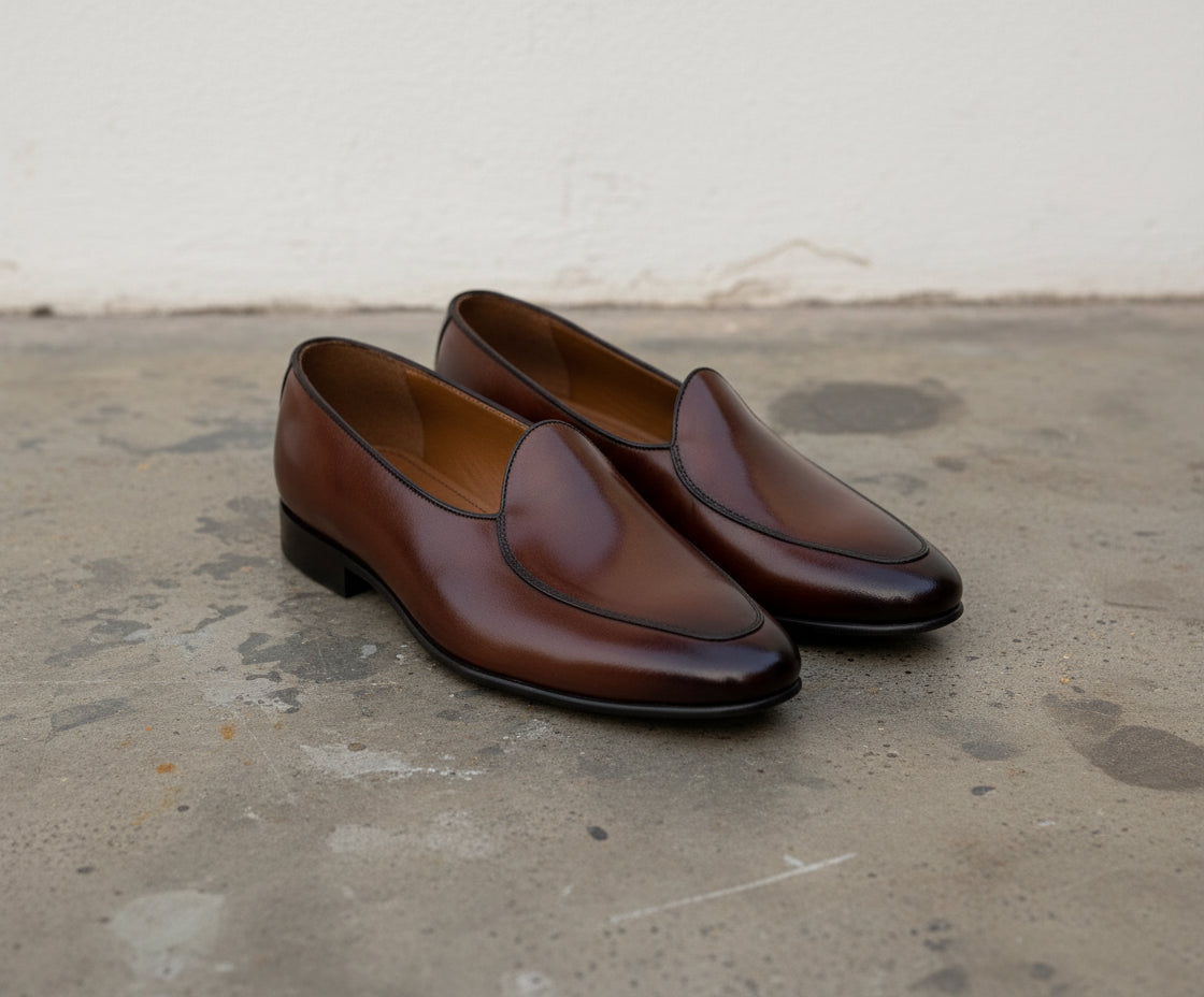 Handmade Mens brown leather moccasins loafer dress shoes, Men Penny loafer - angle-view-showing-depth