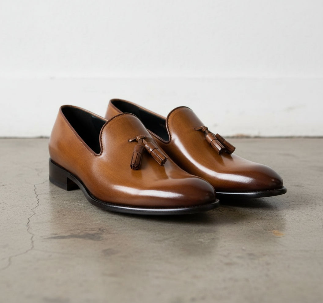 Handmade Mens brown leather moccasins loafer dress shoes, gift for men - angle-view-showing-depth