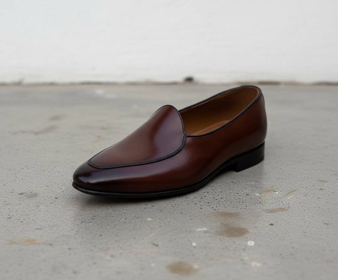 Handmade Mens brown leather moccasins loafer dress shoes, Men Penny loafer - detail-view-showing-texture