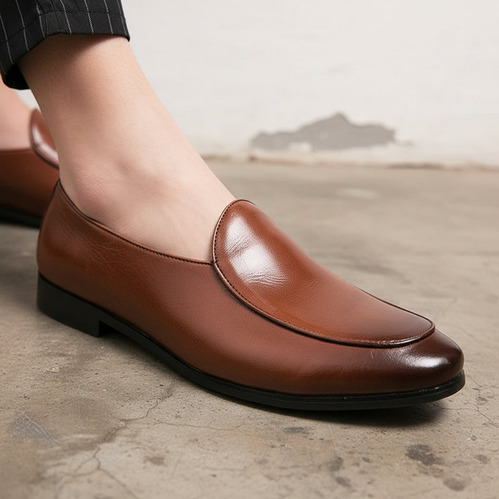 Handmade Mens brown leather moccasins loafer dress shoes, shoes for men - detail-view-showing-texture