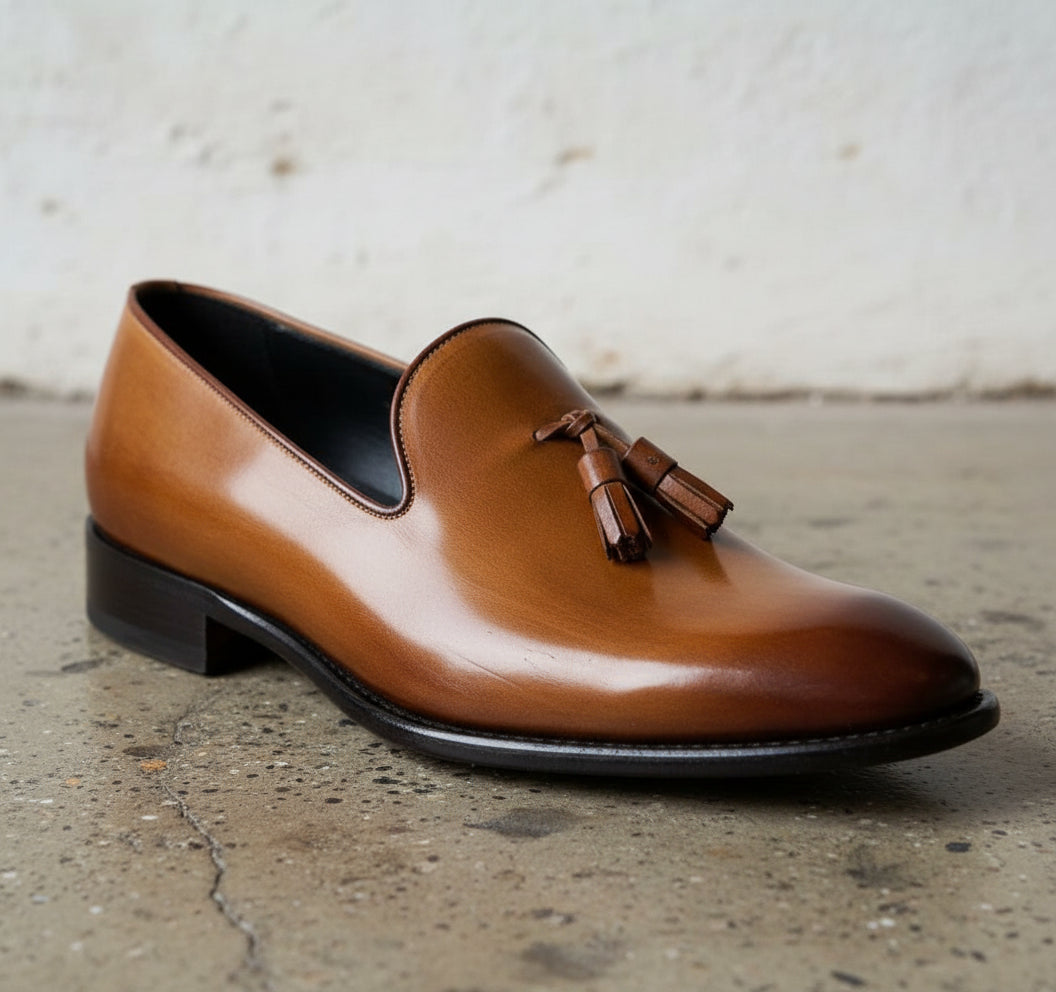 Handmade Mens brown leather moccasins loafer dress shoes, gift for men - detail-view-showing-texture